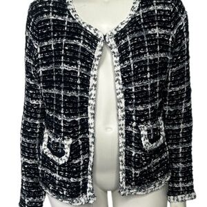 Sioni Sweater Black White Boucle Cardigan Sz XL Textured Blazer Grandma Rich Lux